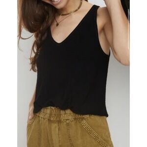 Anthropologie Zahra V Neck Tank Black Gauzy Textured Stretch Minimalist Crop Top
